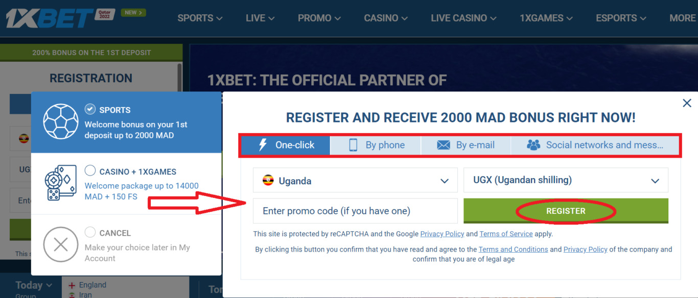 1xBet registration process in one click